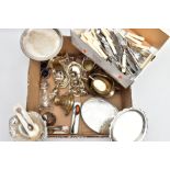 A BOX OF ASSORTED WHITE METALWARE, to include an Alpha plate embossed oval tray, a white metal