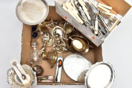 A BOX OF ASSORTED WHITE METALWARE, to include an Alpha plate embossed oval tray, a white metal