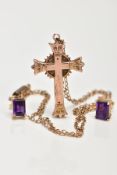 A YELLOW METAL CROSS PENDANT NECKLACE AND A PAIR OF YELLOW METAL AMETHYST STUD EARRINGS, the