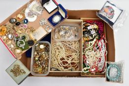 A BOX OF ASSORTED COSTUME JEWELLERY, to include a white metal Celtic pattern brooch set with an