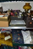 A CASED SINGER HAND SEWING MACHINE AND FIVE BOXES AND LOOSE MISCELLANEOUS, TEXTILES, etc,