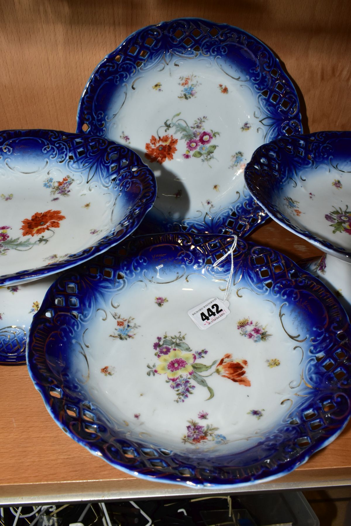 A VICTORIA, AUSTRIA, PORCELAIN DESSERT SET, transfer printed floral design with pierced borders, - Image 5 of 16