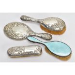 A THREE-PIECE VANITY SET AND A GUILLOCHE ENAMEL HAIRBRUSH, the three-piece set comprising of a