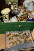 TWO BOXES OF CERAMICS AND THIRTEEN SMALL BRASS ANIMAL FIGURES, including a J & G Meakin part tea