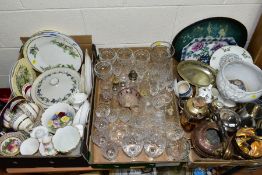 THREE BOXES AND LOOSE CERAMICS, GLASS, METALWARES, PROJECTOR SCREENS, etc, including an Aynsley Wild