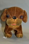 A MERRYTHOUGHT DINKIE DOG, brown and cream velour, replacement eyes, well loved with some repairs,