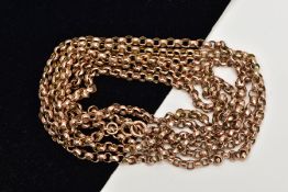 A LONG YELLOW METAL ROLO LINK CHAIN, textured Rolo links, stamped '9ct', fitted with a spring clasp,