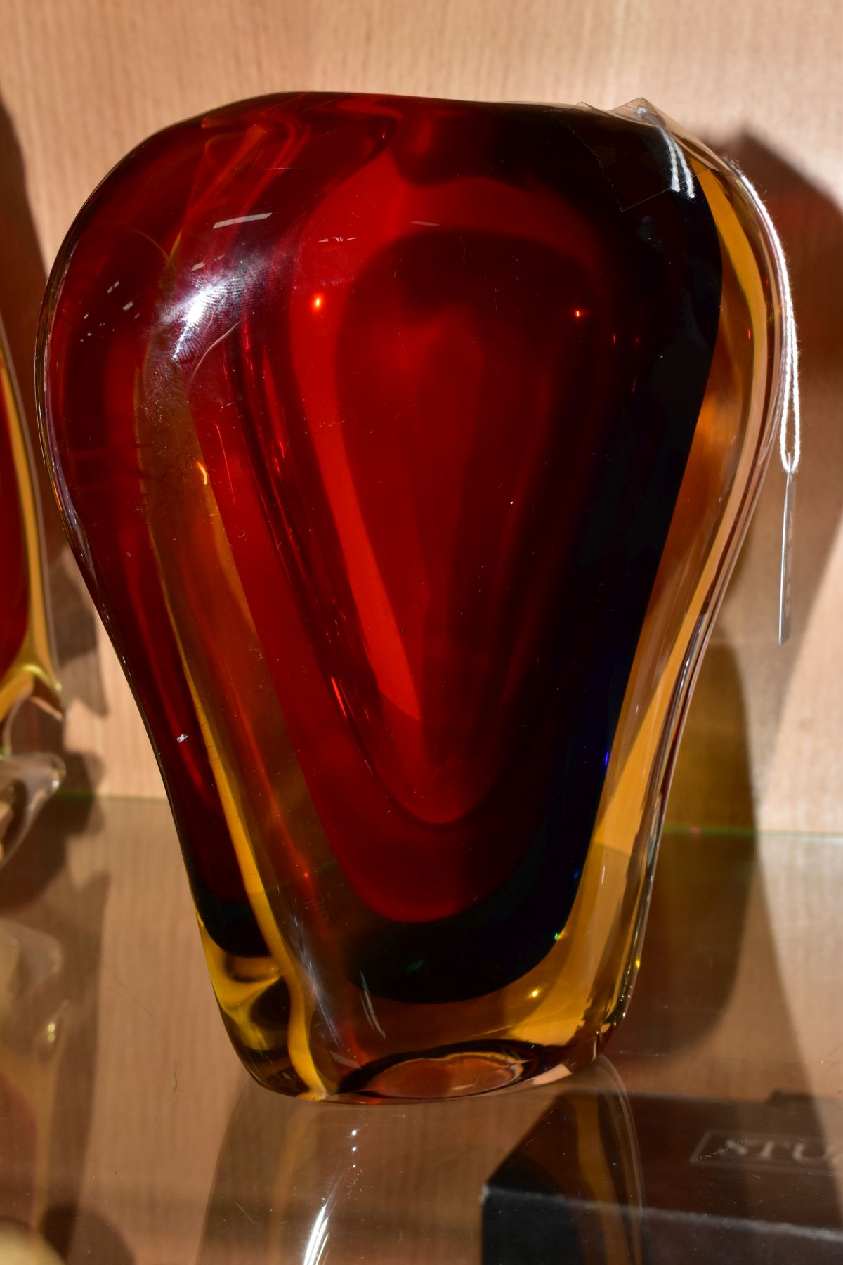 A MURANO OBALL TRI COLOUR CASED GLASS VASE, in red, blue and amber, bears betched signature to the - Image 3 of 6
