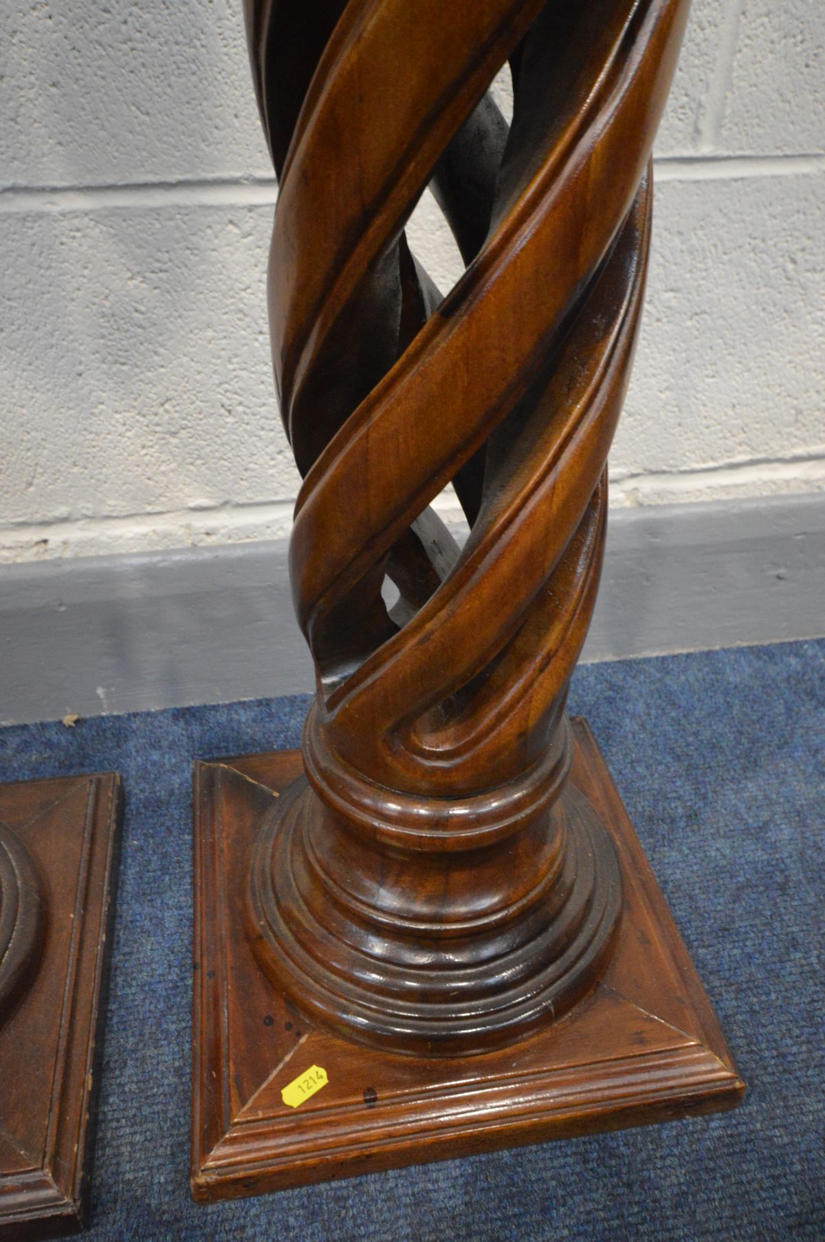 A PAIR OF MODERN MAHOGANY TORCHERE STANDS, circular tops on an open barley twist support and - Image 3 of 3