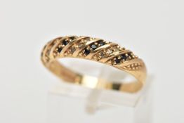 A MODERN 14CT GOLD SAPPHIRE AND DIAMOND BAND RING. Ring size Q ½, hallmarked 14ct gold,