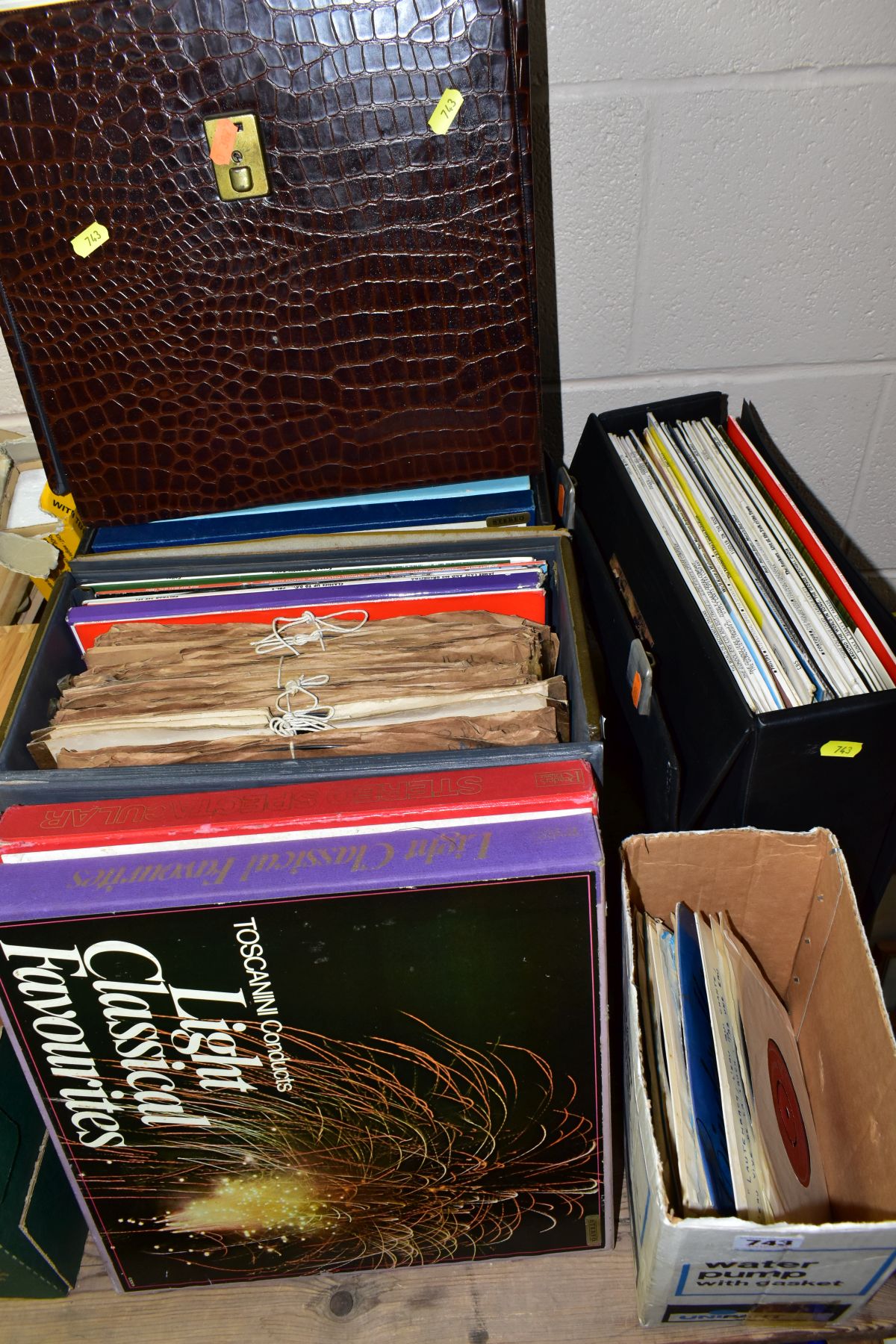 FIVE BOXES OF RECORDS, SINGLES ETC, to include Classical and Easy Listening (Wombles, Pinky & Perky,