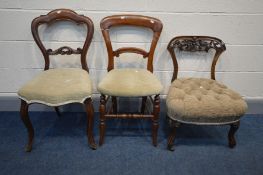 A LATE VICTORIAN MAHOGANY NURSING CHAIR, with reupholstered buttoned seat, and two other chairs (3)