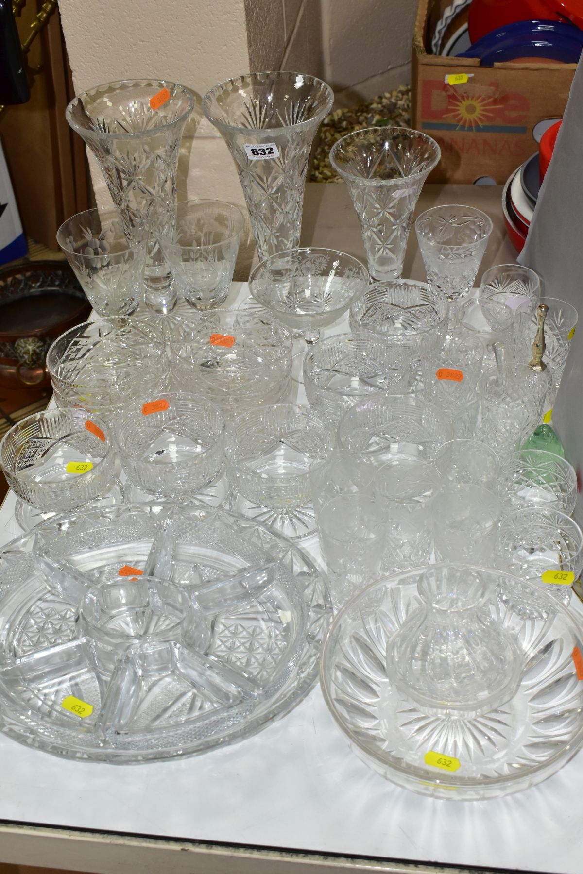 A GROUP OF MOSTLY CUT GLASS, including a pair of Royal Brierley Crystal goblets with engraved