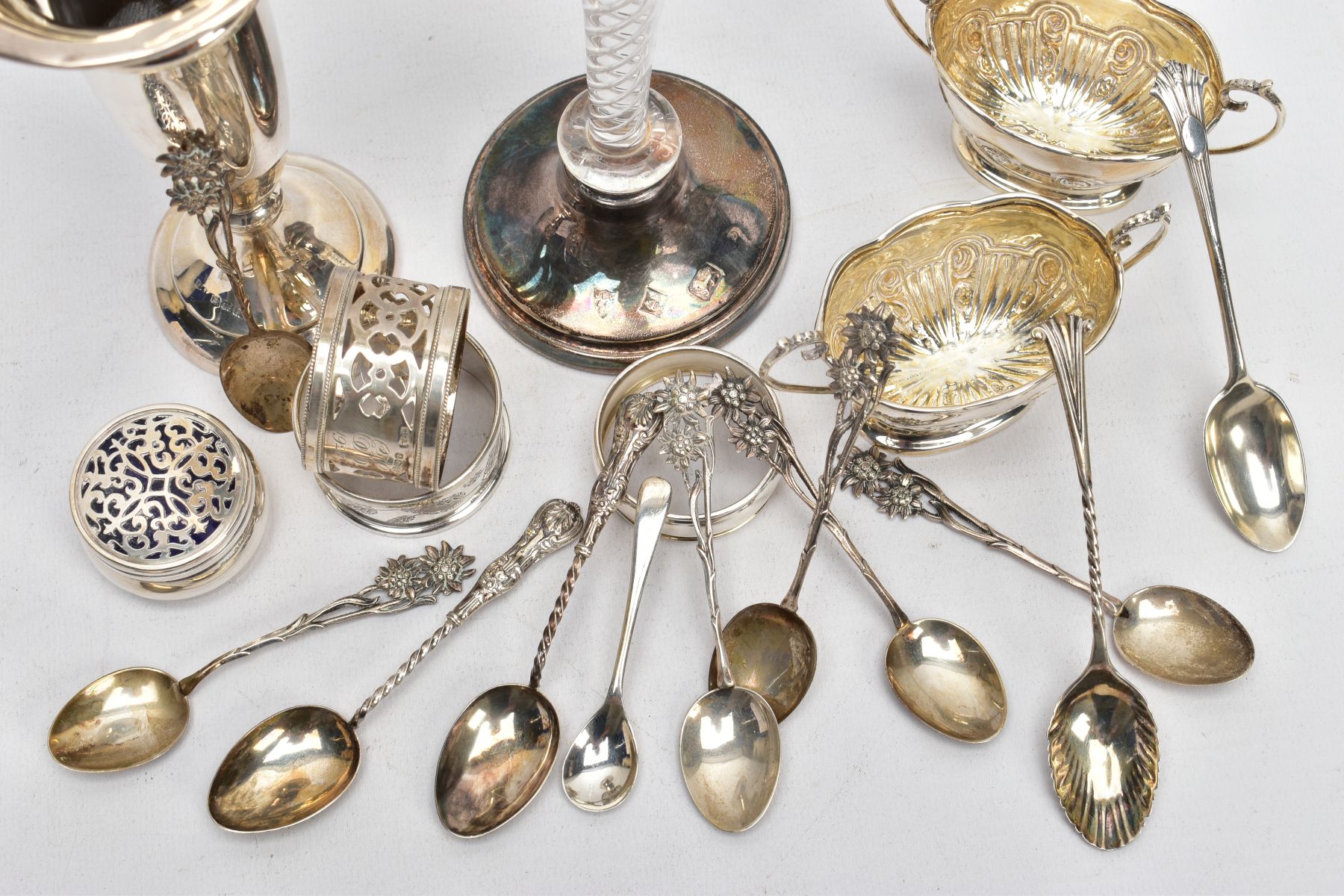 A SELECTION OF SILVERWARE, to include a silver bud vase, a further glass and silver bud vase, both - Image 7 of 8