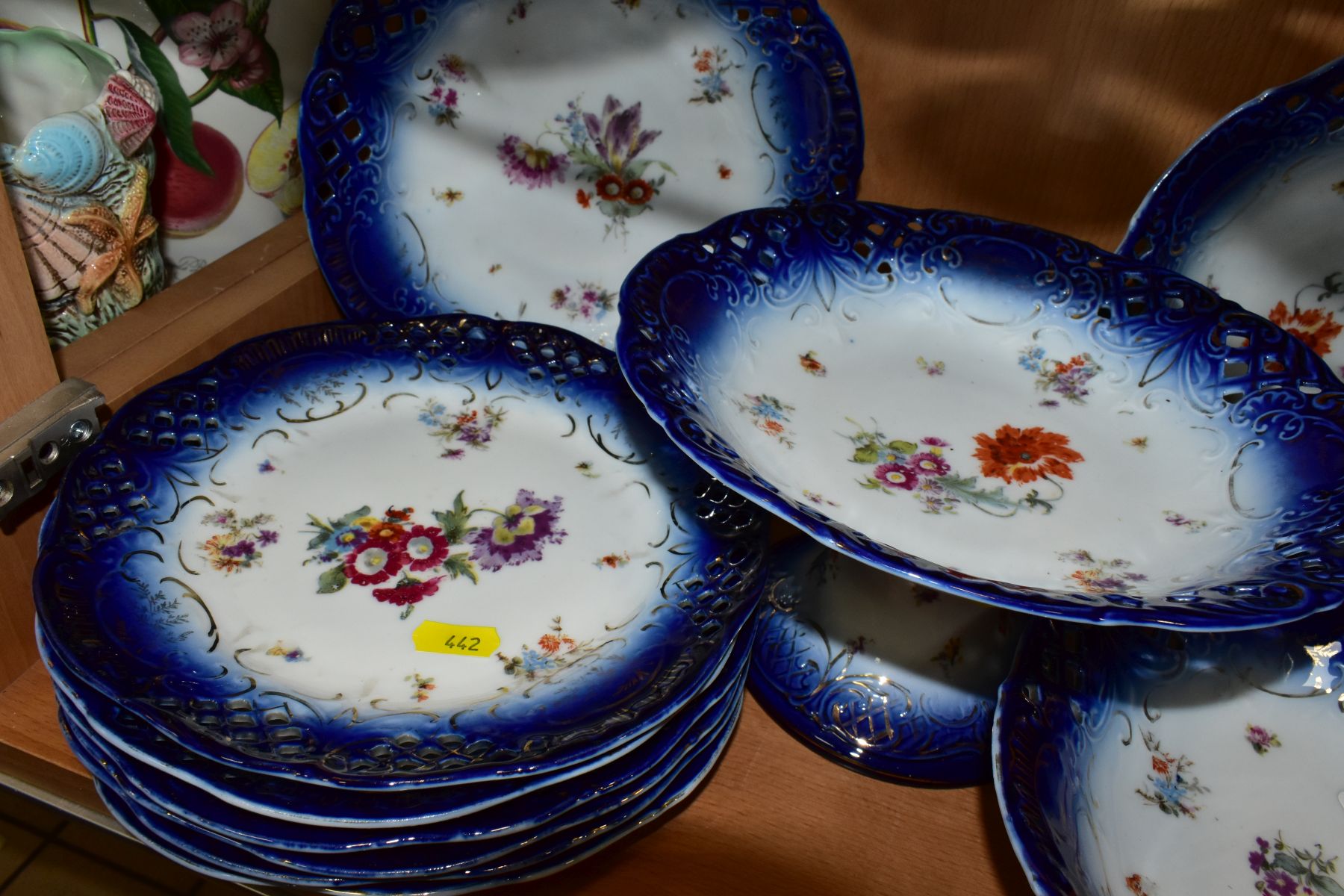 A VICTORIA, AUSTRIA, PORCELAIN DESSERT SET, transfer printed floral design with pierced borders, - Image 6 of 16