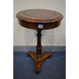A VICTORIAN ROSEWOOD OCCASSIONAL TABLE, the circular top with removable insert enclosing a