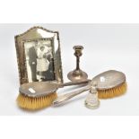 A SELECTION OF SILVER ITEMS, to include two silver engine turned pattern hairbrushes, each with an