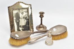 A SELECTION OF SILVER ITEMS, to include two silver engine turned pattern hairbrushes, each with an