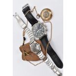 TWO GENT'S WRISTWATCHES AND A POCKET WATCH, to include a gents 'Buler, Quartz', round black dial,