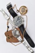 TWO GENT'S WRISTWATCHES AND A POCKET WATCH, to include a gents 'Buler, Quartz', round black dial,