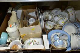 TWO BOXES OF TEA/DINNER WARES ETC, to include a Doulton twenty four piece dinner set, Duchess