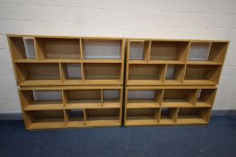 FOUR MODERN OAK FINISH OPEN BOOKCASES, with an arrangement of shelves, width 158cm x depth 33cm x