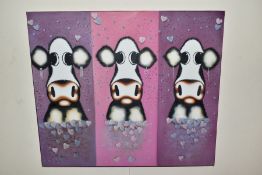 IN THE STYLE OF CAROLINE SHOTTON (BRITISH 1973) three quirky cows wearing earrings, unsigned, oil on