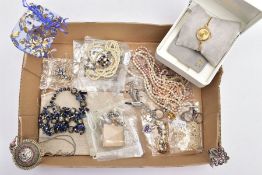 A SELECTION OF COSTUME JEWELLERY, to include four cultured pearl necklaces each fitted with a yellow