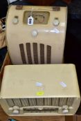 A VINTAGE EVER READY CREAM PLASTIC AND WOODEN CASED RADIO, reg.design 848748, woodworm to sides of