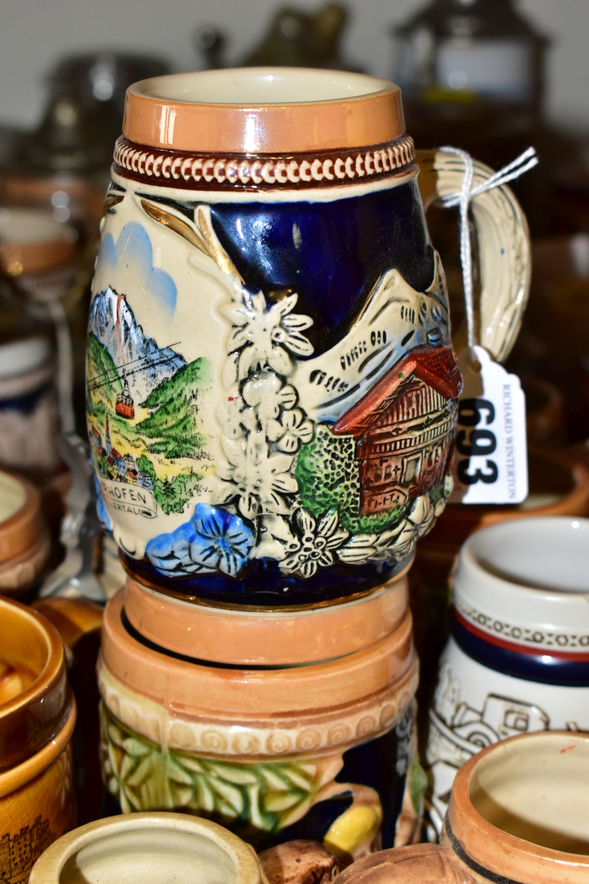 A GROUP OF STEINS, TANKARDS AND EPNS TANKARDS, including a pair of German milk glass miniature - Image 4 of 8