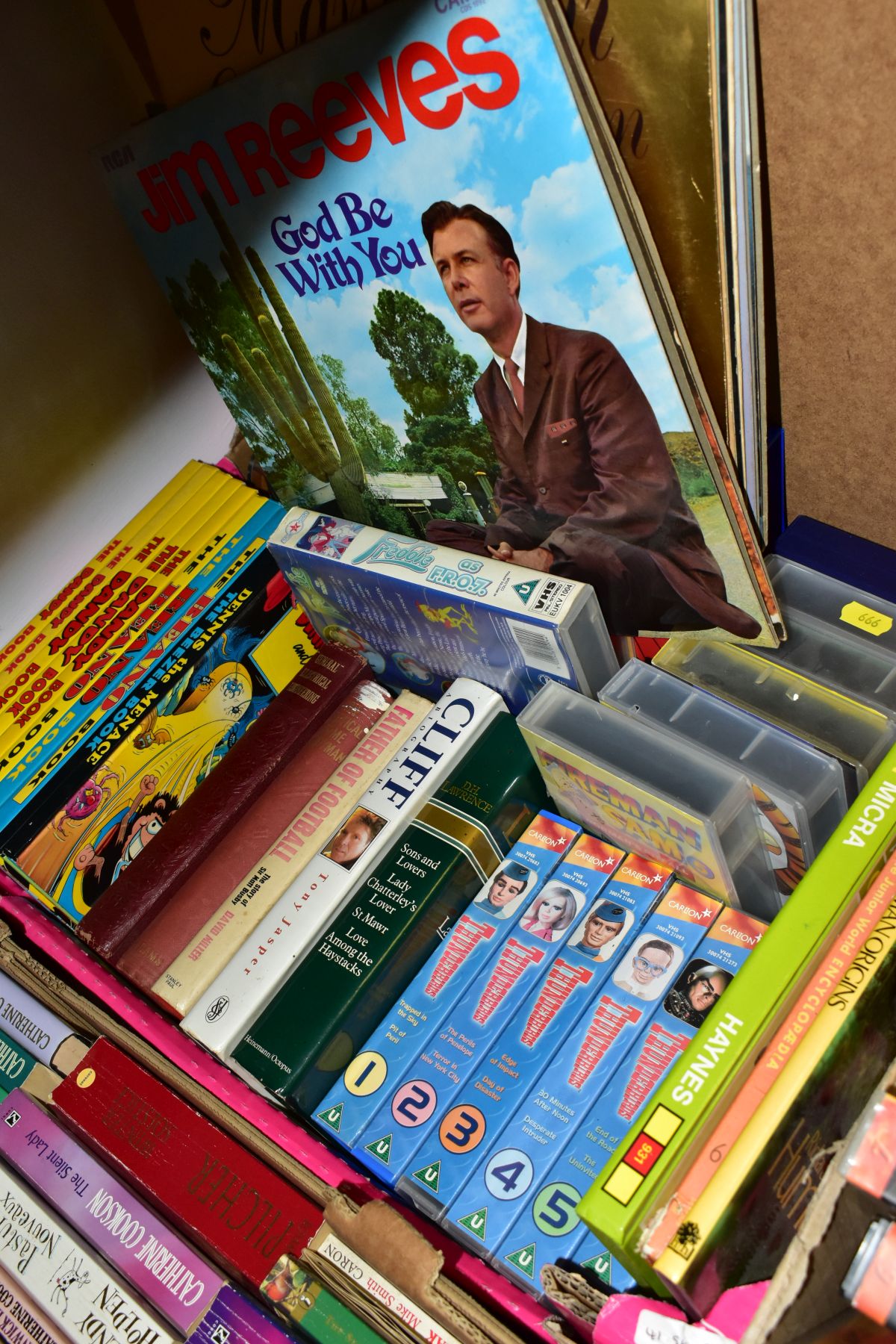 THREE BOXES OF BOOKS, VIDEOS AND VINYL RECORDS, to include the James Bond Collection of 20 VHS - Image 3 of 3