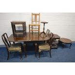A MID TO LATE 20TH CENTURY MAHOGANY GATE LEG TABLE, three splat back chairs, a rush seated chair,