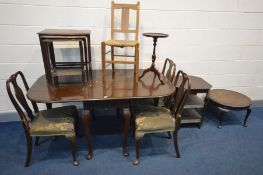 A MID TO LATE 20TH CENTURY MAHOGANY GATE LEG TABLE, three splat back chairs, a rush seated chair,