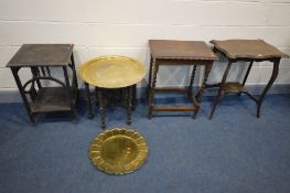 A CARVED EASTERN HARDWOOD FOLDING BRASS TOP OCCASIONAL TABLE, along with three various occasional