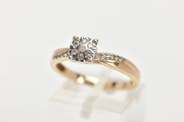 A 9CT GOLD DIAMOND CLUSTER RING, the ring head of a circular form, set with seven round brilliant