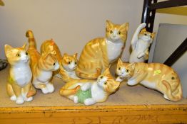 SEVEN STAFFORDSHIRE JUST CATS & CO CERAMIC CATS AND KITTENS, in various poses, hand painted, tallest