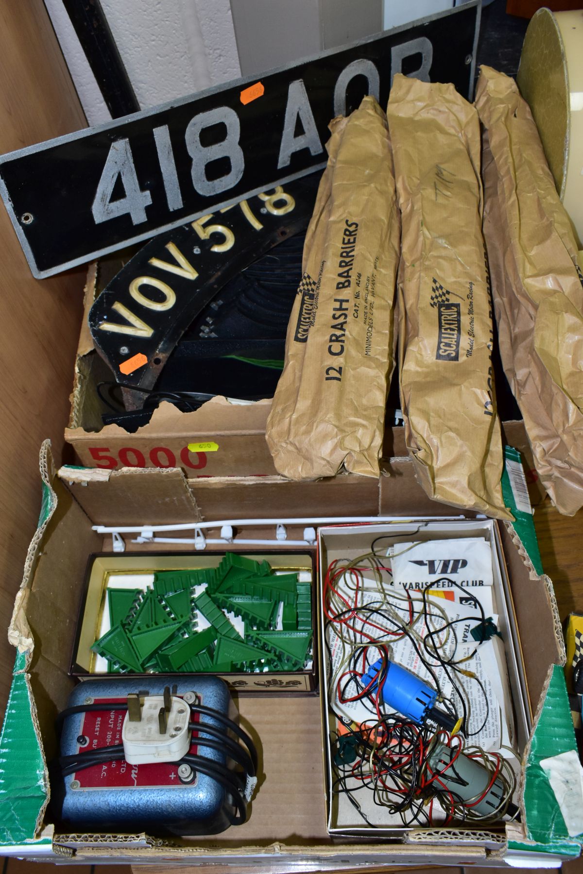 A QUANTITY OF VINTAGE SCALEXTRIC ITEMS, to include three boxed cars, Lister Jaguar, No C56, in