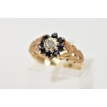 A 9CT GOLD SAPPHIRE AND DIAMOND CLUSTER RING, a single cut diamond in a star setting within a claw