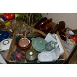 FIVE BOXES AND LOOSE KITCHENALIA AND GLASSWARE, including a lazy susan, wood bowls and mats,