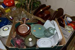 FIVE BOXES AND LOOSE KITCHENALIA AND GLASSWARE, including a lazy susan, wood bowls and mats,