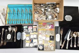 THREE CASED SETS OF CUTLERY, A BOX OF MISCELLANEOUS FLATWARE AND A TRAY OF COMMEMORATIVE COINS, to