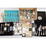 THREE CASED SETS OF CUTLERY, A BOX OF MISCELLANEOUS FLATWARE AND A TRAY OF COMMEMORATIVE COINS, to