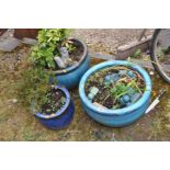 THREE GLAZED GARDEN PLANTERS two at 46cm in diameter (3)