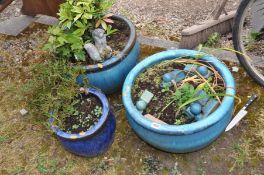 THREE GLAZED GARDEN PLANTERS two at 46cm in diameter (3)