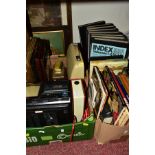 THREE BOXES AND LOOSE PICTURES, ETC, to include a Voightlander Vitomatic II camera, Minolta 100-