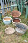 FOUR GARDEN PLANT POTS AND A DECORATIVE DISC including a Terracotta Pancheon 38cm in diameter, an