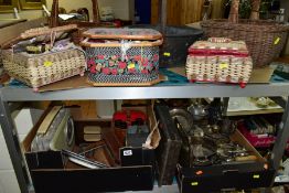TWO BOXES AND LOOSE SUNDRY ITEMS, to include three sewing boxes with associated contents, threads,