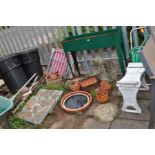 A QUANTITY OF GARDEN ITEMS including small terracotta pots, toe dustbins, two metal folding
