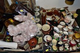 TWO BOXES OF CERAMICS AND MISCELLANEOUS ITEMS, including Torquay Ware, Clarice Cliff designed vase