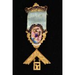 A CASED YELLOW METAL MASONIC MEDAL, blue and white enamel, with a hand painted miniature portrait of